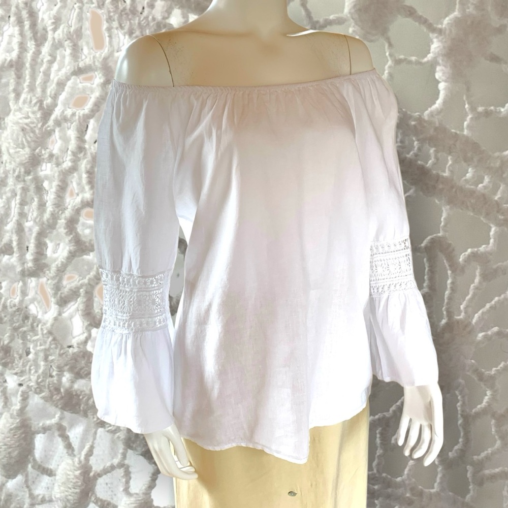 Alessia Pacini Linen Peasant Blouse Size M | White Crochet Lace Bell Sleeve Top